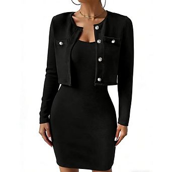Women's 2 pc Outfits Long Sleeve Button Down Cropped Jacket and Sleeveless Mini Dress Sets