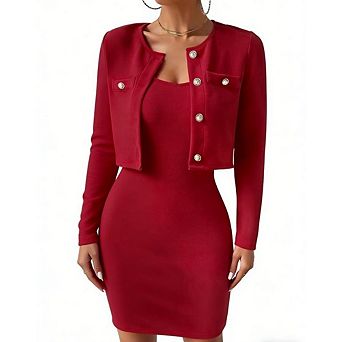 Women's 2 pc Outfits Long Sleeve Button Down Cropped Jacket and Sleeveless Mini Dress Sets
