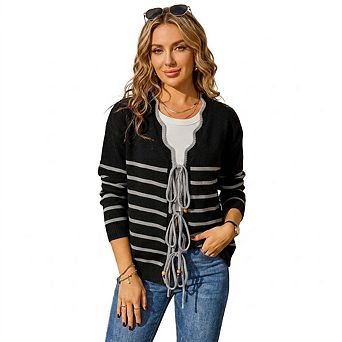 Womens Cardigan Sweaters V Neck Long Sleeve Open Front Bow Tie Knit Lightweight Fall Outerwear