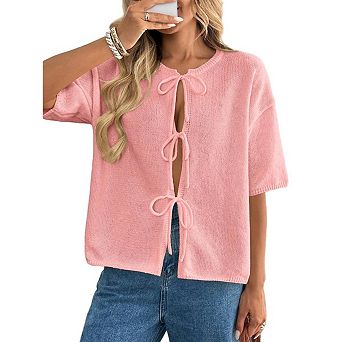 Women Bow Knit Cardigan Sweaters Short Sleeve Tie Front Lightweight Crochet Top Going Out Outfits