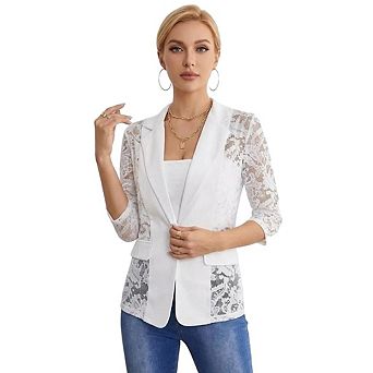 Women's Lace Blazer Open Front One Button Sheer Mesh Elegant 3/4 Sleeve Casual Blazers Jacket