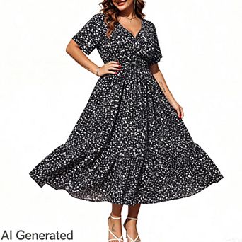 Women Plus Size V Neck Wrap Maxi Short Sleeves High Waist Ruffle Summer Casual Dress with Belt