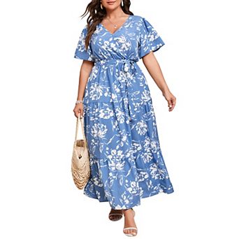 Women Plus Size V Neck Wrap Maxi Short Sleeves High Waist Ruffle Summer Casual Dress with Belt