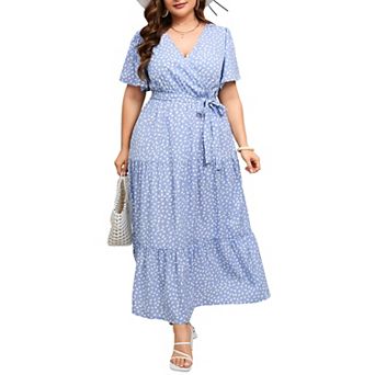 Women Plus Size V Neck Wrap Maxi Short Sleeves High Waist Ruffle Summer Casual Dress with Belt