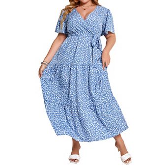 Women Plus Size V Neck Wrap Maxi Short Sleeves High Waist Ruffle Summer Casual Dress with Belt