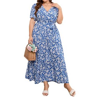 Women Plus Size V Neck Wrap Maxi Short Sleeves High Waist Ruffle Summer Casual Dress with Belt