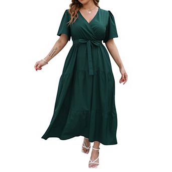 Women Plus Size V Neck Wrap Maxi Short Sleeves High Waist Ruffle Summer Casual Dress with Belt