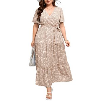 Women Plus Size V Neck Wrap Maxi Short Sleeves High Waist Ruffle Summer Casual Dress with Belt