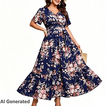 Women Plus Size V Neck Wrap Maxi Short Sleeves High Waist Ruffle Summer Casual Dress with Belt