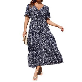 Women Plus Size V Neck Wrap Maxi Short Sleeves High Waist Ruffle Summer Casual Dress with Belt