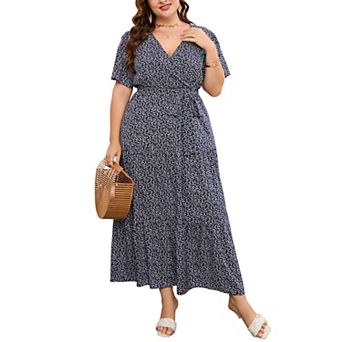 Women Plus Size V Neck Wrap Maxi Short Sleeves High Waist Ruffle Summer Casual Dress with Belt