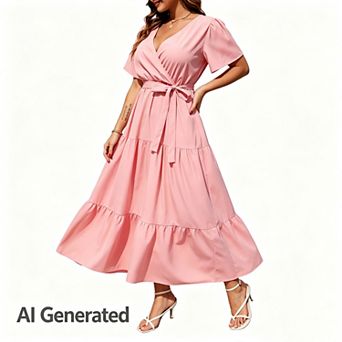 Women Plus Size V Neck Wrap Maxi Short Sleeves High Waist Ruffle Summer Casual Dress with Belt