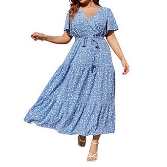 Women Plus Size V Neck Wrap Maxi Short Sleeves High Waist Ruffle Summer Casual Dress with Belt