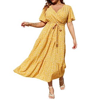Women Plus Size V Neck Wrap Maxi Short Sleeves High Waist Ruffle Summer Casual Dress with Belt