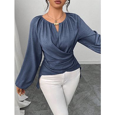 Women's v Neck Tie Front Woven Tunic Top, Long Sleeve Asymmetrical Hem Casual Blouse