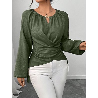 Women's v Neck Tie Front Woven Tunic Top, Long Sleeve Asymmetrical Hem Casual Blouse