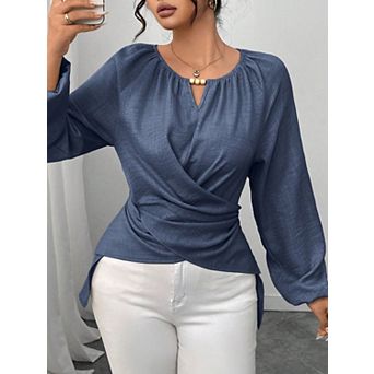 Women's v Neck Tie Front Woven Tunic Top, Long Sleeve Asymmetrical Hem Casual Blouse
