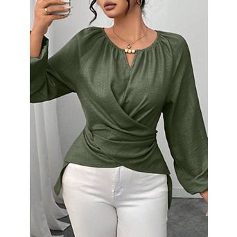 Women's v Neck Tie Front Woven Tunic Top, Long Sleeve Asymmetrical Hem Casual Blouse