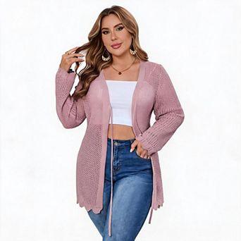 Women's Plus Size Tie Front Knit Cardigan Hollow Out Long Sleeve Shrug Sweater