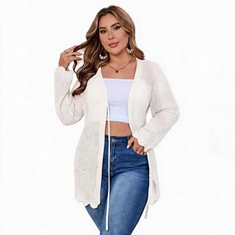 Women's Plus Size Tie Front Knit Cardigan Hollow Out Long Sleeve Shrug Sweater