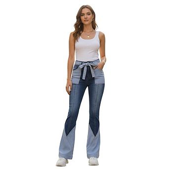 Women Patchwork Bell Jeans Stretch High Waisted Denim Pants
