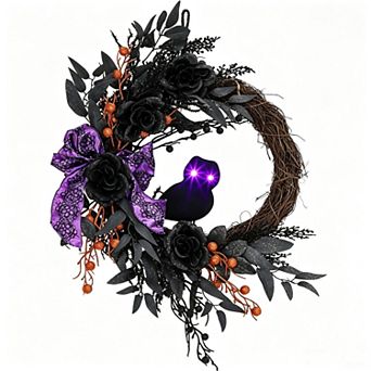 22 Inch Half Circle Owl Wreath with Purple LED Eyes , Rattan Halloween Decor for Wall Fireplace