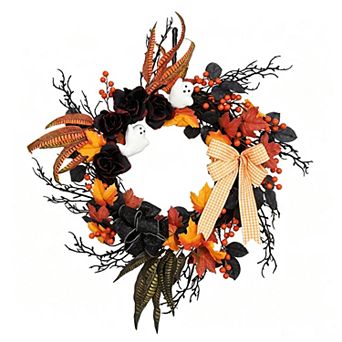 Large 26 Inch Halloween Wreath with Ghosts and Red Berries for Porch Wall Home Decor