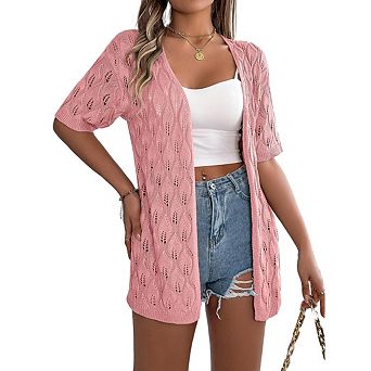 Women Lightweight Crochet Cardigan Short Sleeve Open Front Knit Sweater Hollow Out Crochet Cover Up