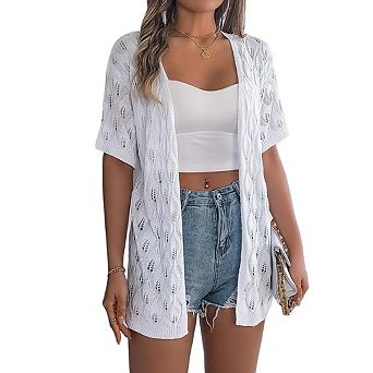 Women Lightweight Crochet Cardigan Short Sleeve Open Front Knit Sweater Hollow Out Crochet Cover Up