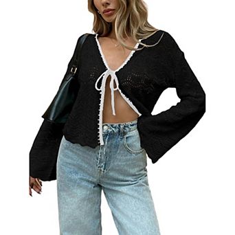 Women Tie Front Cardigan Color Block Lightweight Bell Long Sleeve Sweater