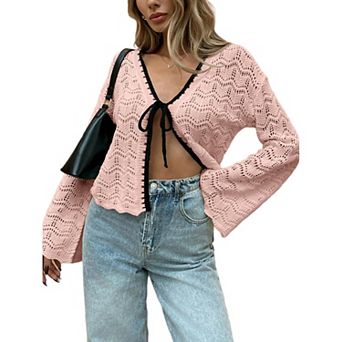 Women Tie Front Cardigan Color Block Lightweight Bell Long Sleeve Sweater