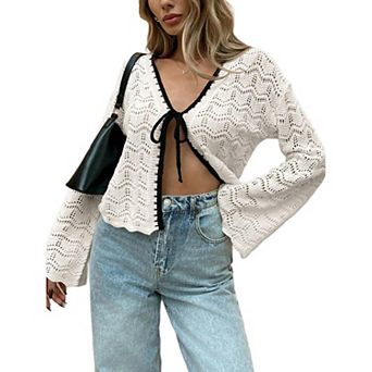 Women Tie Front Cardigan Color Block Lightweight Bell Long Sleeve Sweater