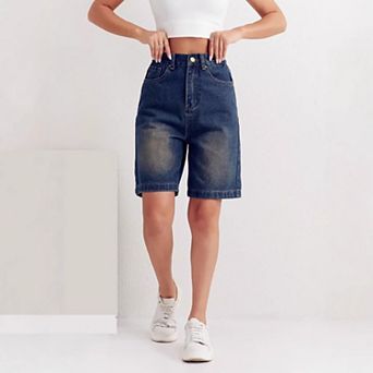 Women's High Waisted Wide Leg Denim Shorts, Relaxed Fit Bermuda Jorts with Pockets