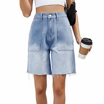 Women Denim Shorts High Waist Big Patch Pocket Raw Fringe Hem Bermuda Casual Summer Bottoms