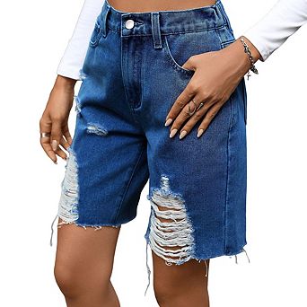 Women Denim Shorts High Waist Big Ripped Distressed Knee Length Raw Hem Jean Bottoms