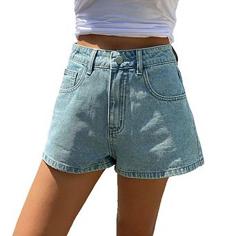 Women Denim Shorts High Waist Loose A Line Light Wash Basic Everyday Jean Bottoms
