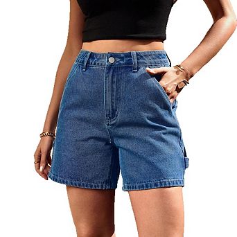 Women Denim Shorts High Waist Carpenter Tab Side Straight Bermuda Casual Summer Jean Bottoms
