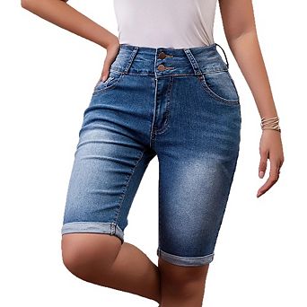 Women Denim Shorts Double Button High Waist Roll Cuff Knee Length Stretch Casual Bottoms