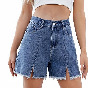 Women Denim Shorts High Waist Front Slit Frayed Hem Loose Fit Summer Casual Jean Bottoms