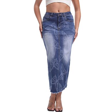 Women Long Jean Skirts Printed Back Slit Denim Skirts