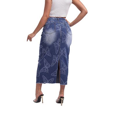 Women Long Jean Skirts Printed Back Slit Denim Skirts