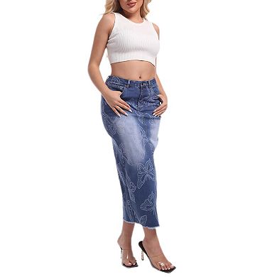 Women Long Jean Skirts Printed Back Slit Denim Skirts