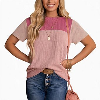 Color Block Crew Neck Short Sleeve Loose Casual T Shirts For Women Daily Outfit