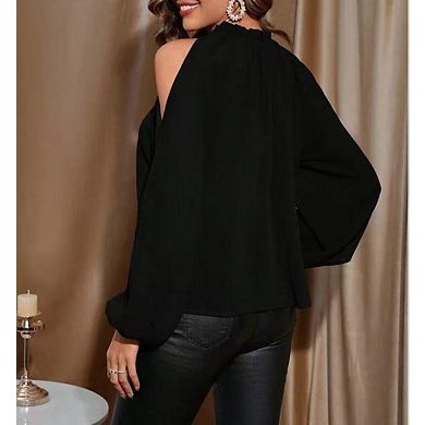 Women's Cold Shoulder Long Sleeve Stand Collar Blouse, Black Loose Top for Work Weekend