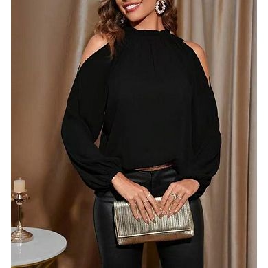 Women's Cold Shoulder Long Sleeve Stand Collar Blouse, Black Loose Top for Work Weekend