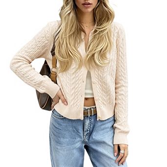Women Long Sleeve Cable Knit Cardigan Lightweight Button Down Sweater