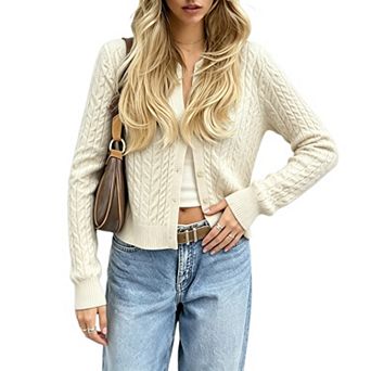Women Long Sleeve Cable Knit Cardigan Lightweight Button Down Sweater