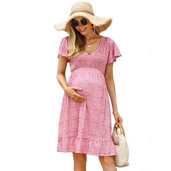 Women's Summer Soft Flutter Short Sleeve Smocked Short Dress Casual V Neck Boho Swing Sun Midi Dress