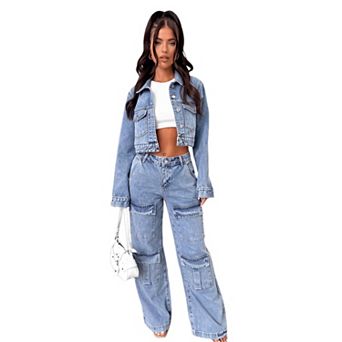 Women Washed Baggy Cargo Pants Wide Leg Jeans