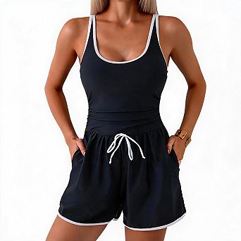 PioneerWorks Two Piece Tankini Swimsuit Drawstring Athletic Shorts Set Modest Bathing Suit